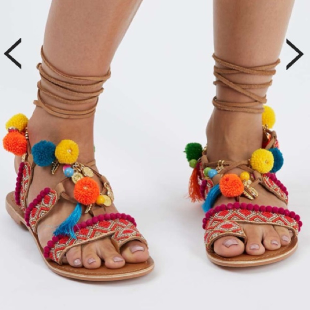 Topshop colorful tie up Pom pom sandals
